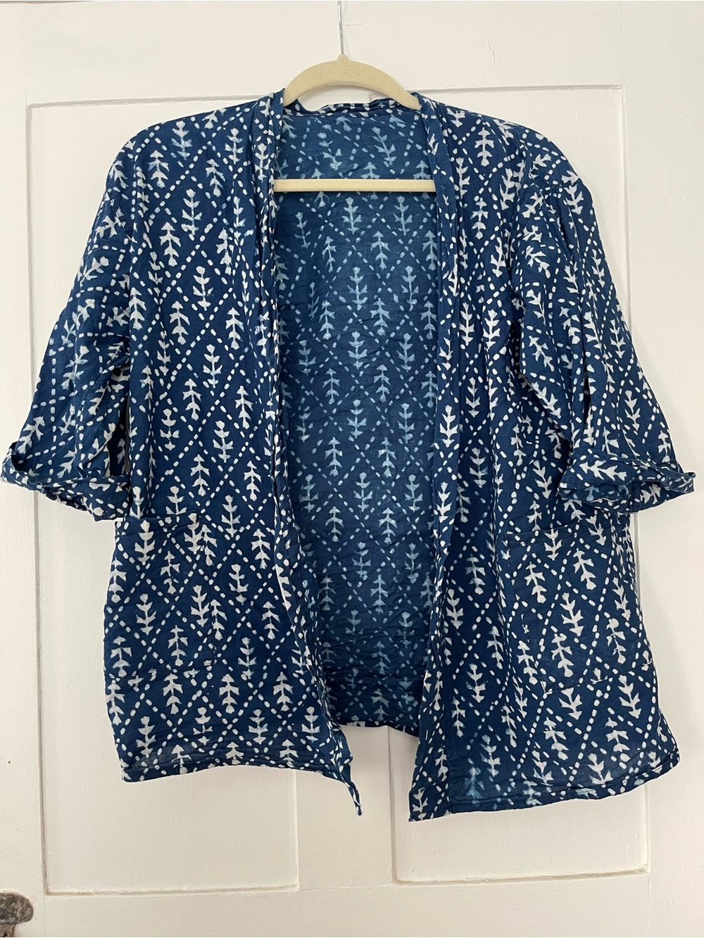 Indigo Blue Open Front Kimono Jacket with White Leaf Print